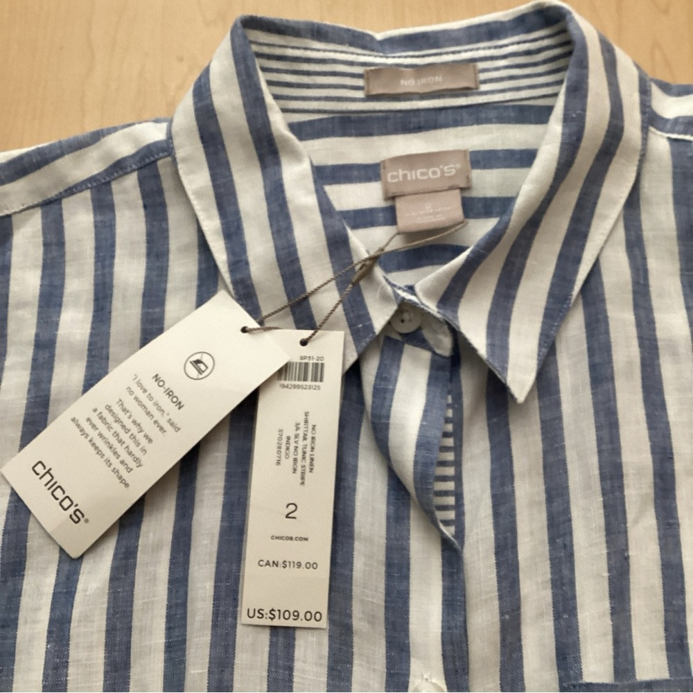 Chico's Women's No-IRON LINEN Striped Shirttail Hem Tunic, size 2 (Large), NWT